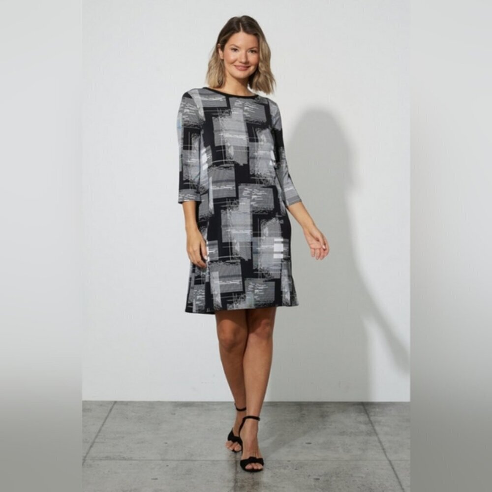 Joseph Ribkoff Black Abstract Shift Dress Scoop Neck‎ 3/4 Sleeves Size 2 New